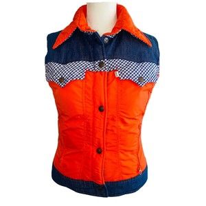 Ski Levi’s Vintage Down Snap up Puffer Vest Size S Denim Orange Blue Gingham EUC